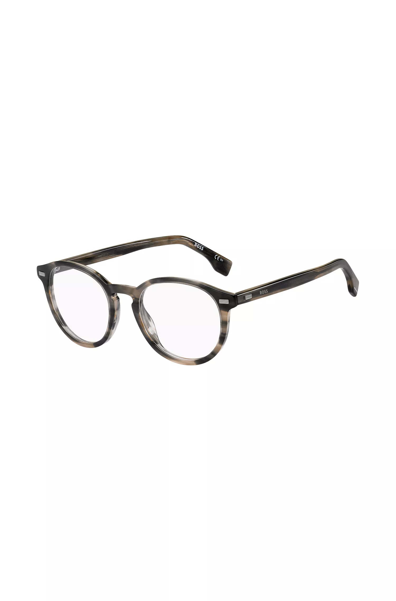 Armação de óculos BOSS em acetato preto com detalhes em metal e rebites.