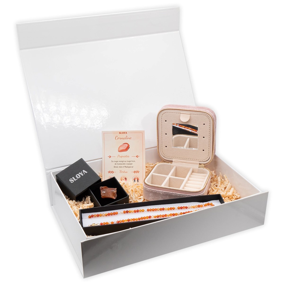Coffret Cornaline - collier, pierre et boîte à bijoux