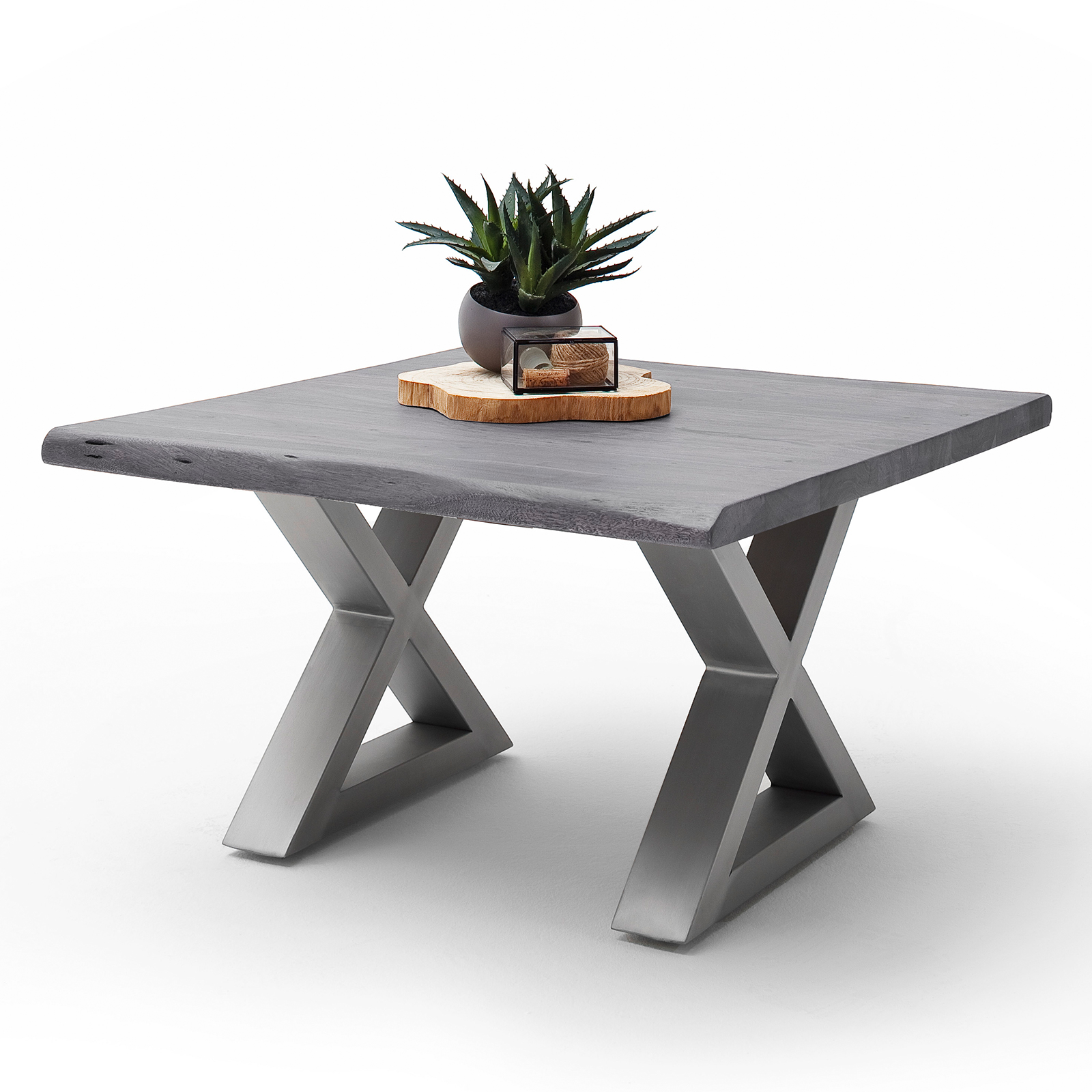 Couchtisch CARTAGENA - Akazie grau-Edelstahl - X-Gestell - 75x75 cm