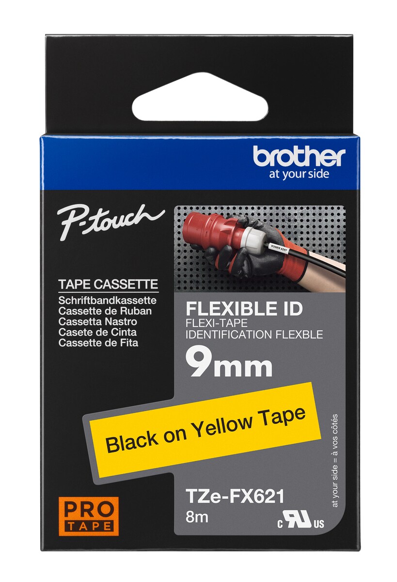 Schriftband TZe-FX621 (lam., flex.) Schwarz auf Gelb 9mm x 8m