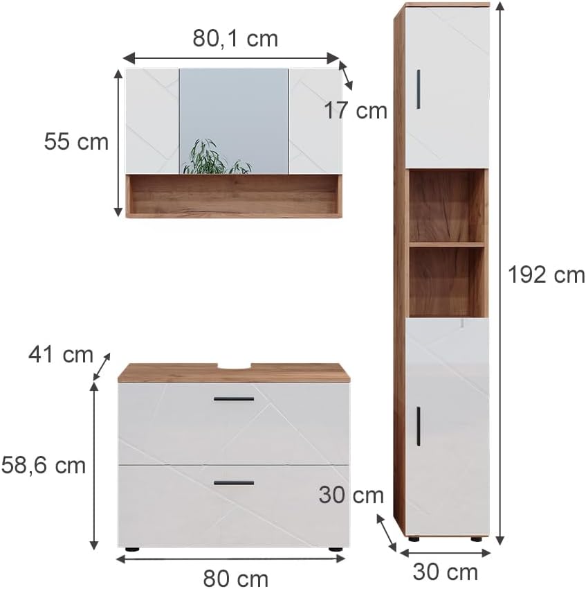 Vicco Badmöbel-Set Weiß Hochglanz/Goldkraft Eiche Irma, bestehend aus Bad Spiegelschrank, Waschbeckenunterschrank, Hochschrank - Versteckter Stauraum hinter eleganten Türen