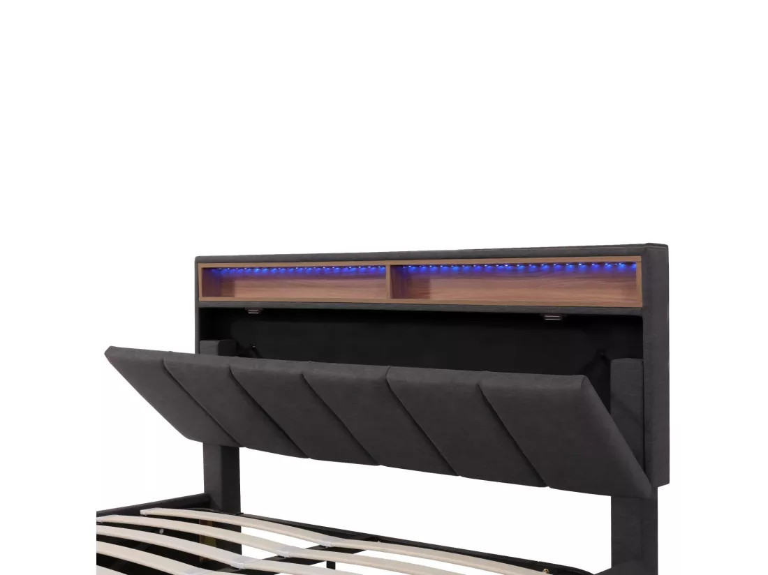 Lit coffre 140x200cm en lin Gris, avec LED et tête de lit rangeable, boîte de lit hydraulique
