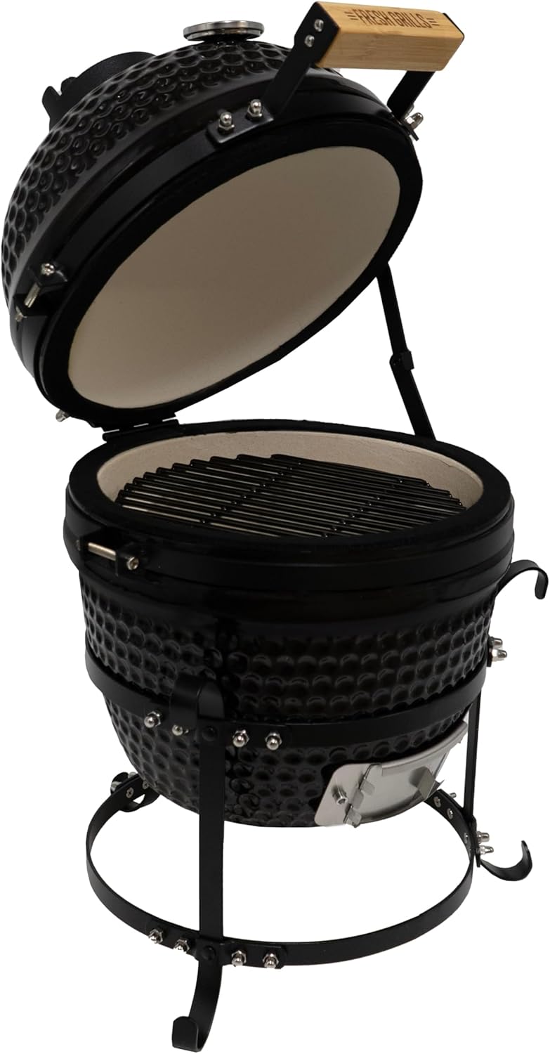 Fresh Grills 33cm Kamado Keramikgrill | Schwarz Holzkohlegrill BBQ Mini Ofen | Thermometer, Holzgriff, Oberer & Unterer Luftstrom | Outdoor Garten Grillen Garen Räuchern Smokern [mit Standfüßen]