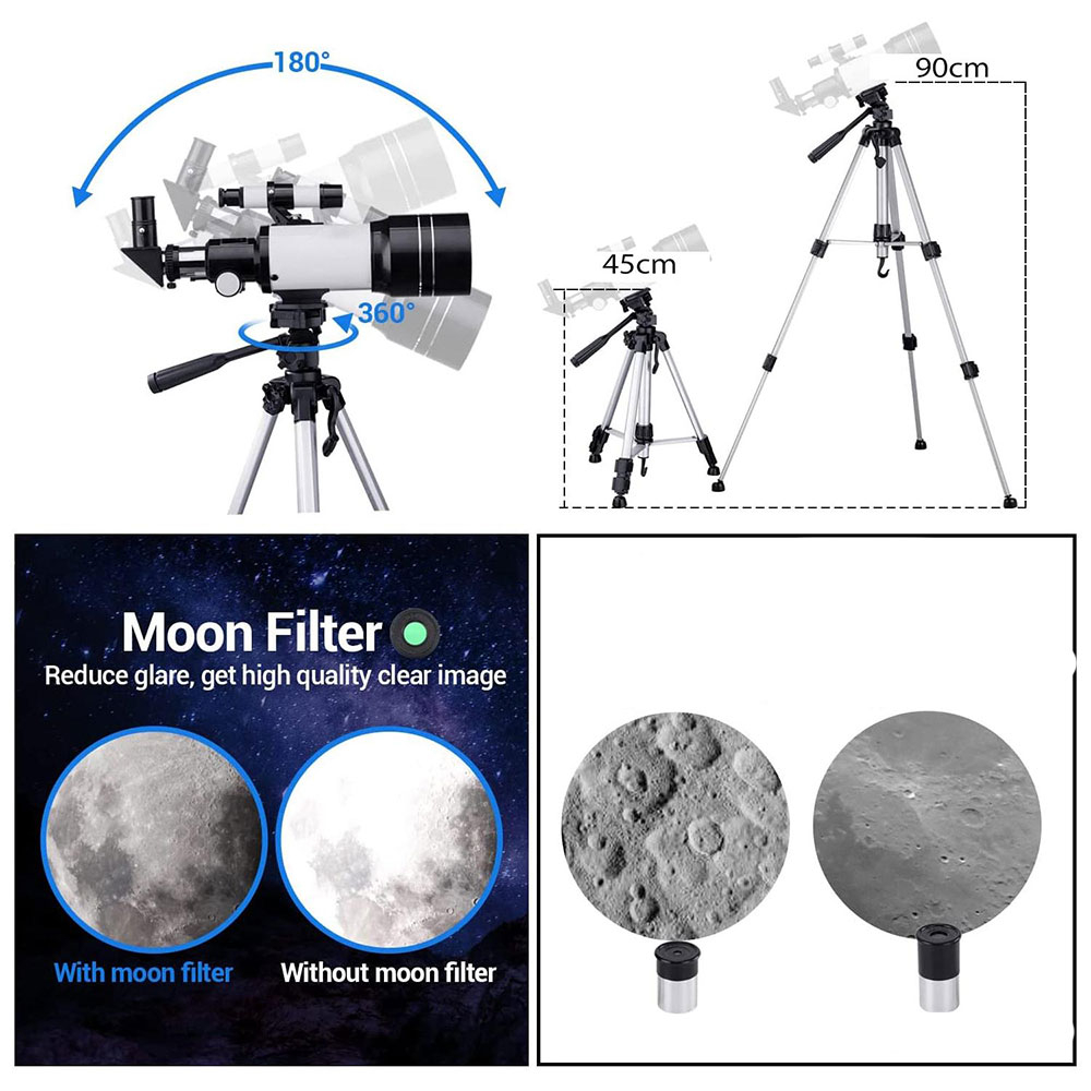 (11-tlg. Set) Kinder Teleskop mit Stativ 16x/66x Vergrösserung Astronomisches Fernglas - Schwarz / Silber