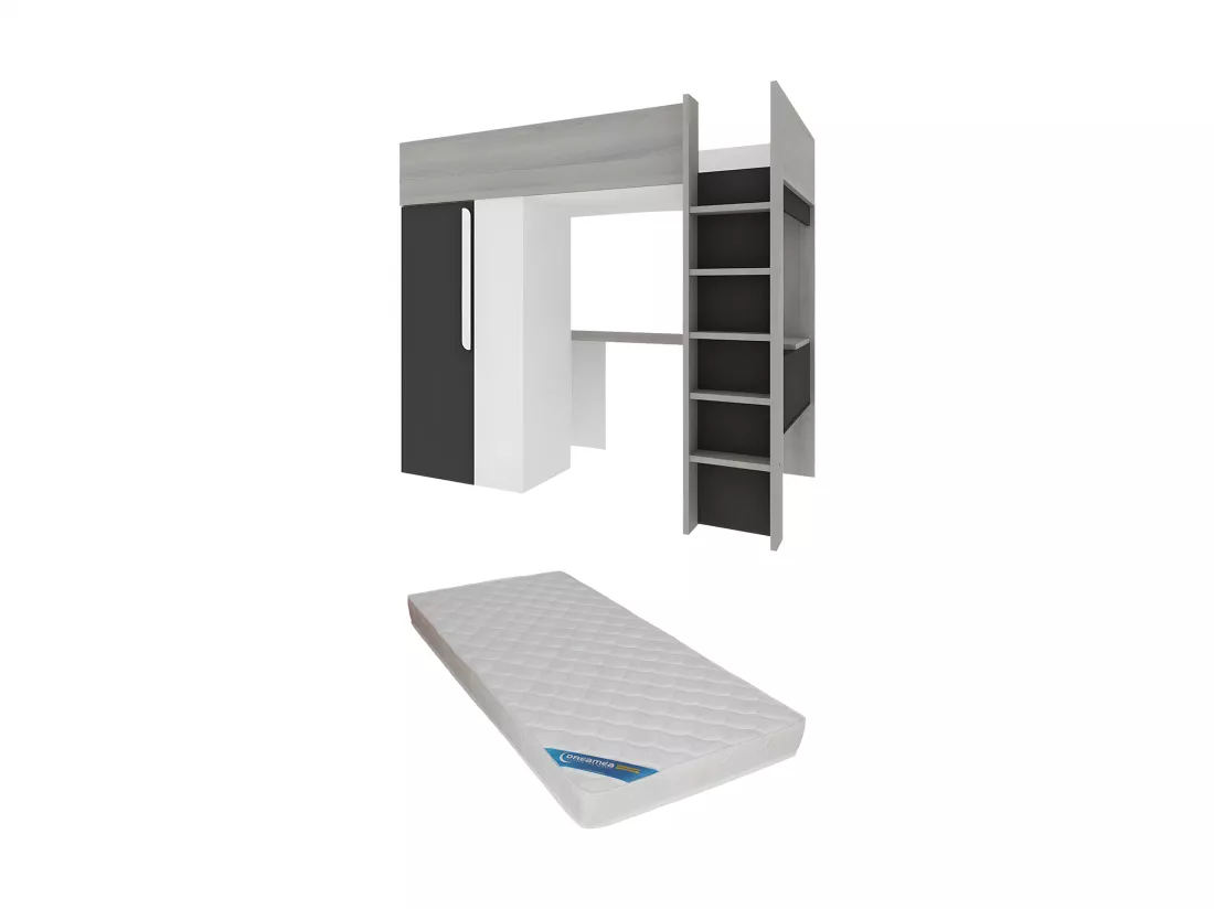 Lit mezzanine 90 x 200 cm avec armoire et bureau - Anthracite et blanc + matelas - NICOLAS II