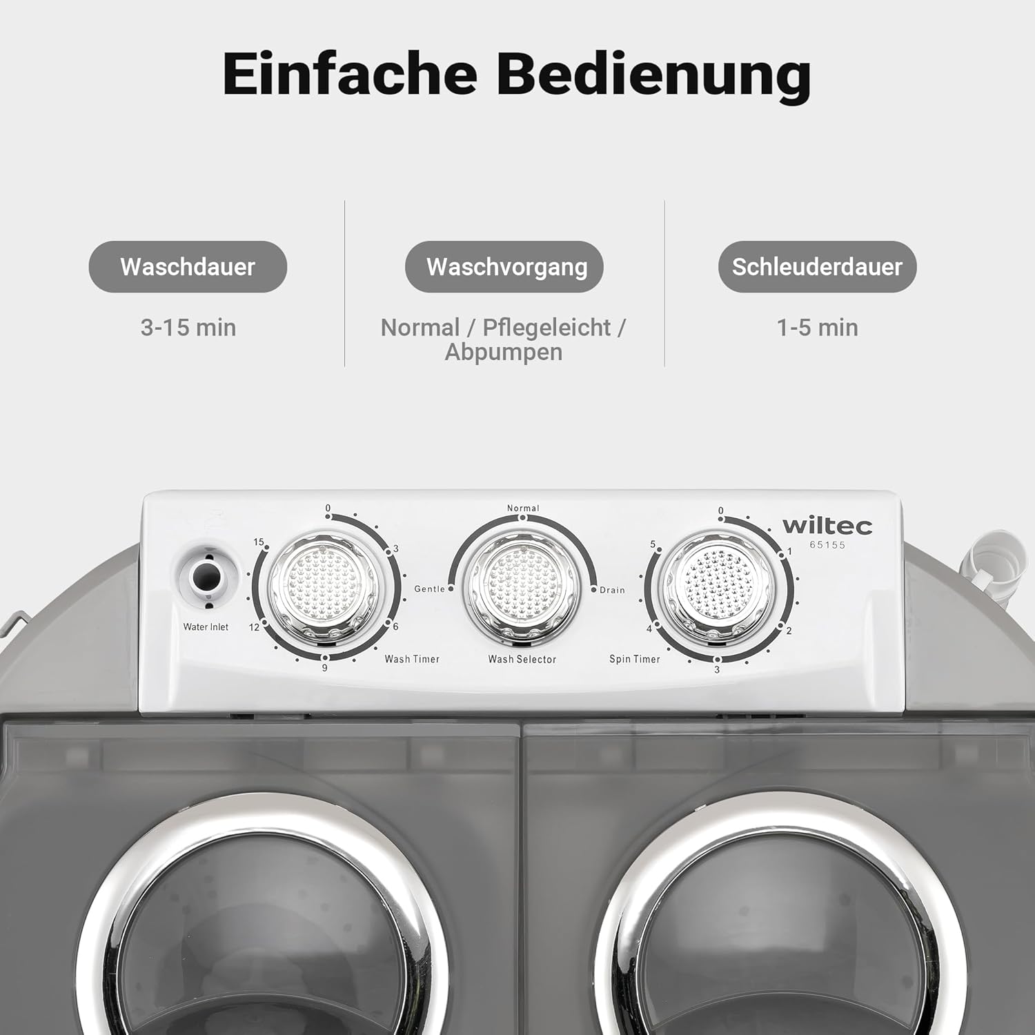 Wiltec Camping Waschmaschine 230 W 60 x 36 x 60 cm, Mini Waschmaschine für bis zu 3,0 kg Wäsche, Reisewaschmaschine mit 2,0 kg Schleuderkapazität