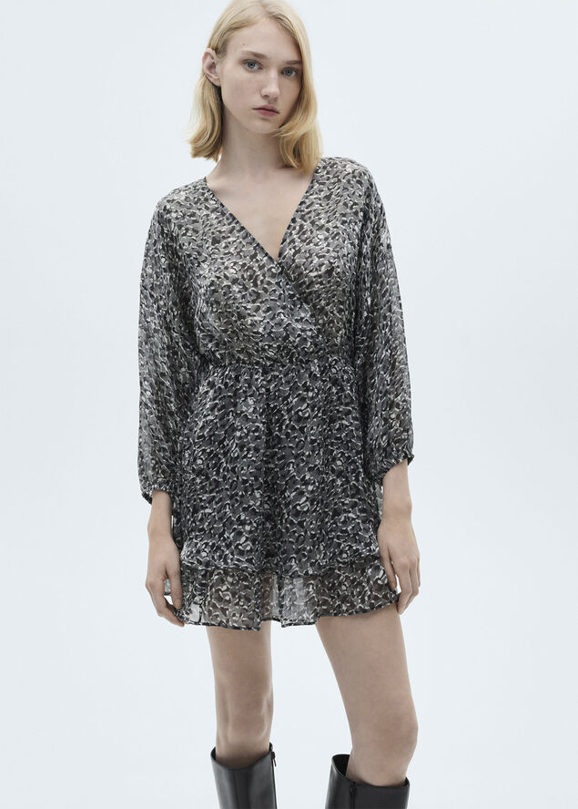 MANGO Animal-print ruffled dress Black