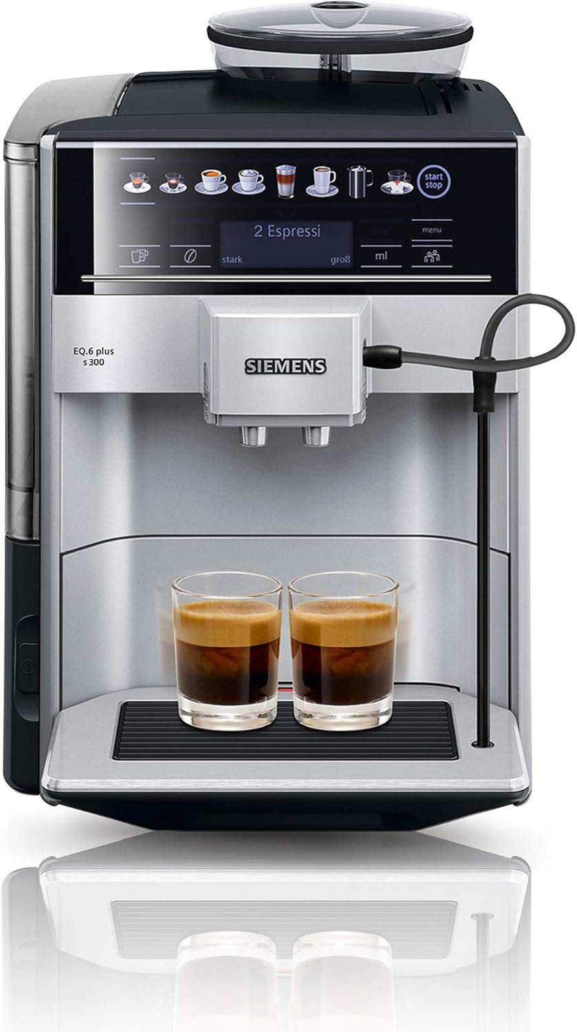 Siemens Kaffeevollautomat EQ6 plus s300, Milchsystem, 11 Getränke, automatische Reinigung des Milchsystems, Keramikmahlwerk, großes Touchdisplay, Silber, TE653501DE