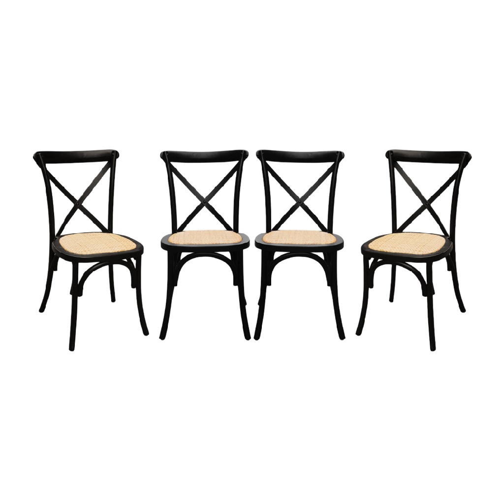 Lot de 4 chaises de salle à manger style bistrot en bois noir et assise cannage