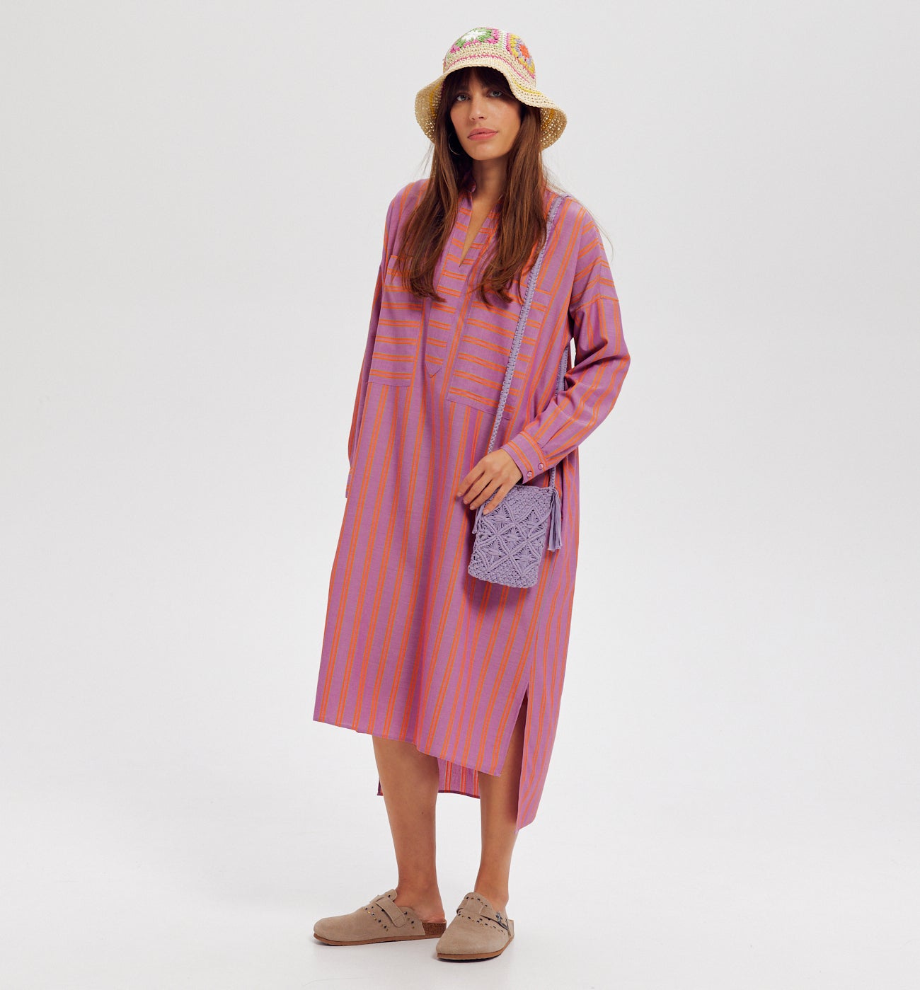 Robe caftan rayée Femme - Carreaux gris foncé
