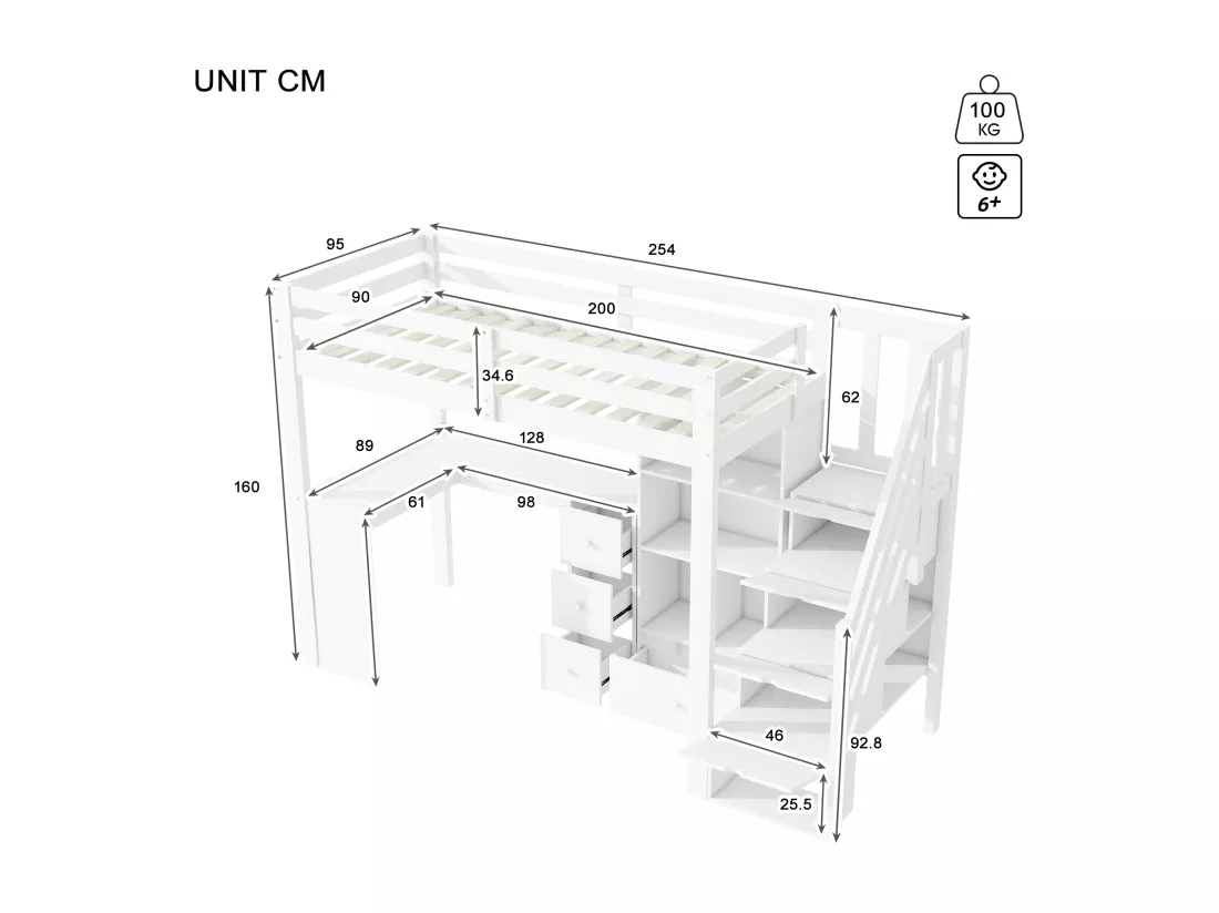 Lit mezzanine 90x200 cm en bois - avec bureau et multiples rangements - Blanc