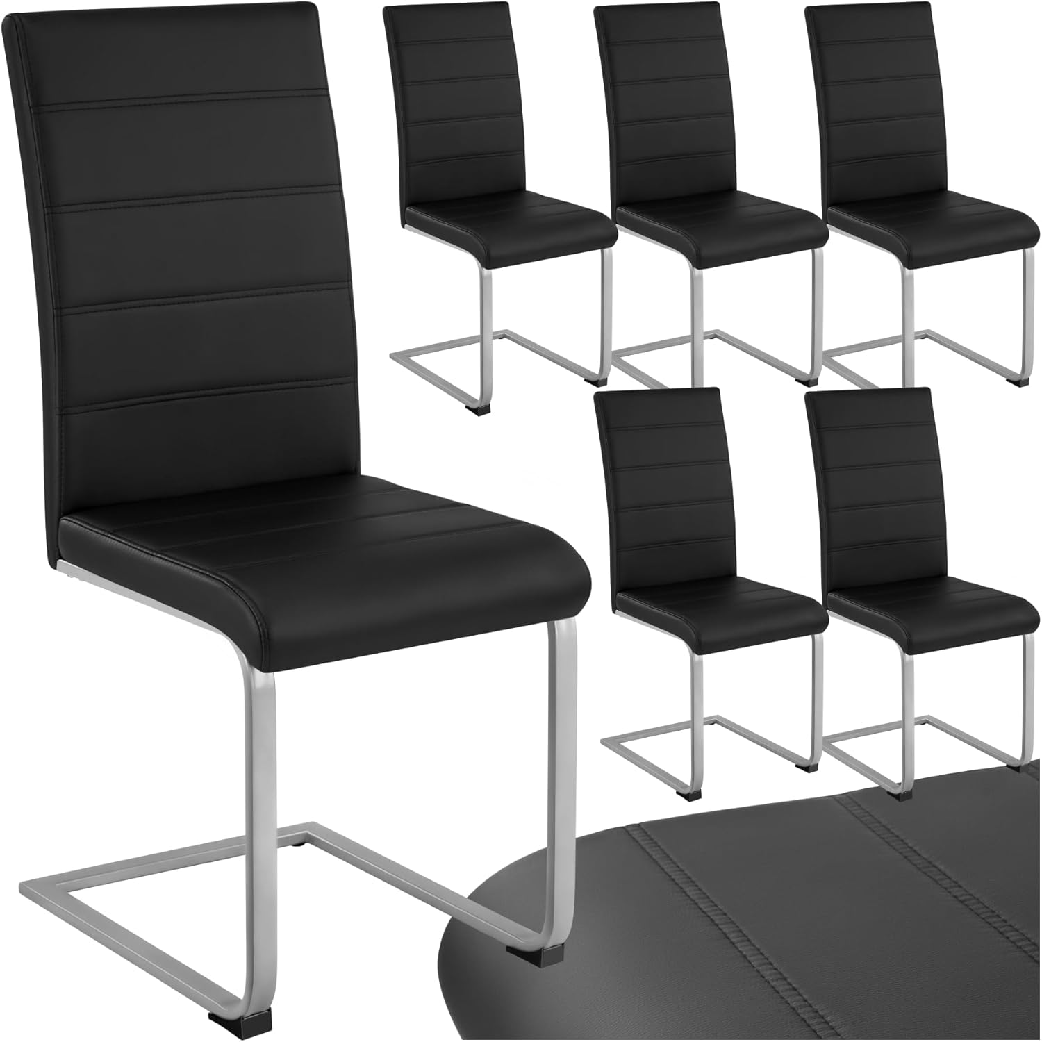 tectake Freischwinger Schwingstuhl, Stuhl 6er Set, Moderne Esszimmerstühle oder Küchenstühle mit strapazierfähigem Kunstleder Bezug - schwarz