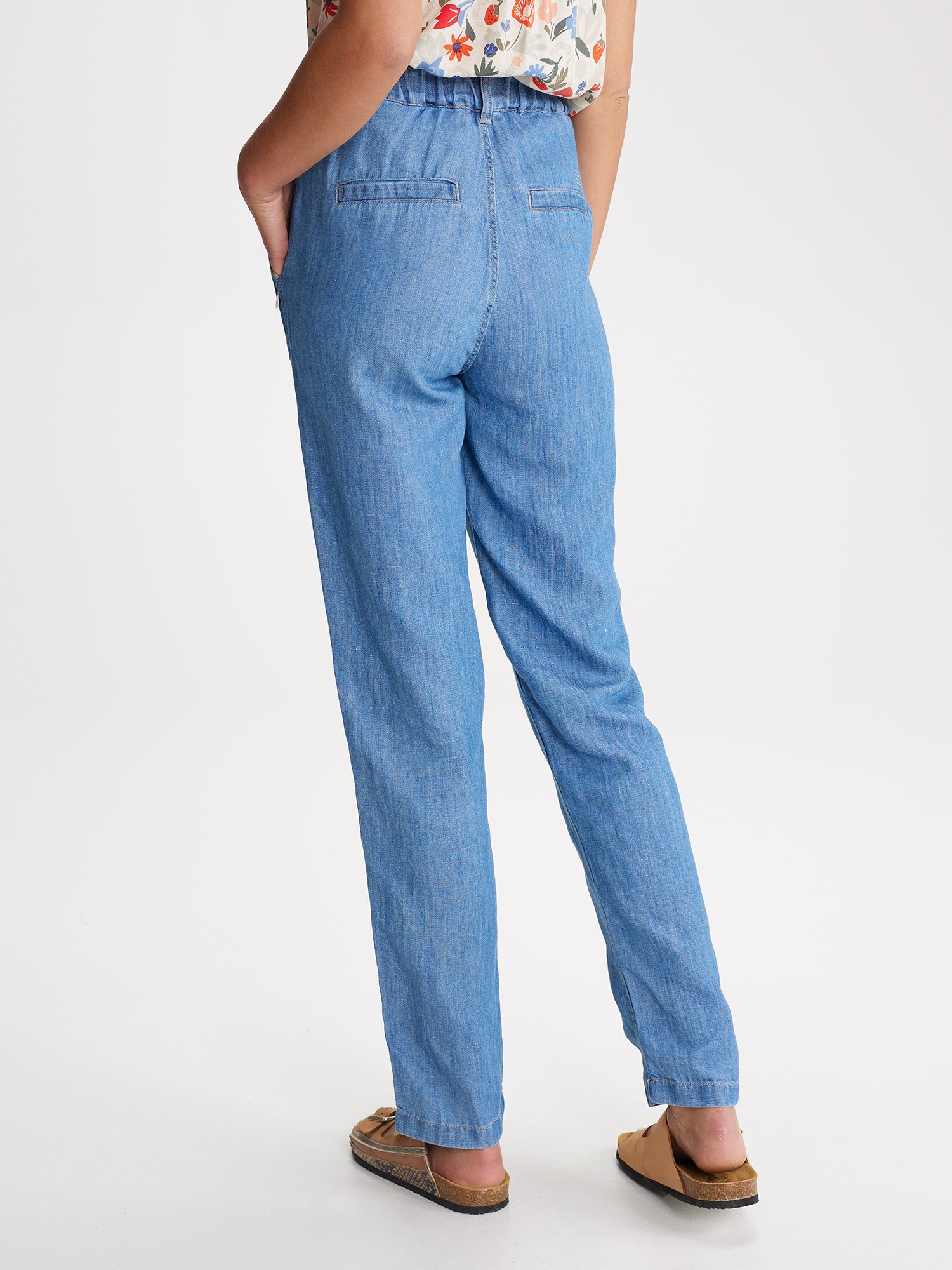 Pantalon Femme En Lin Ceinture Elastiquée Bleu