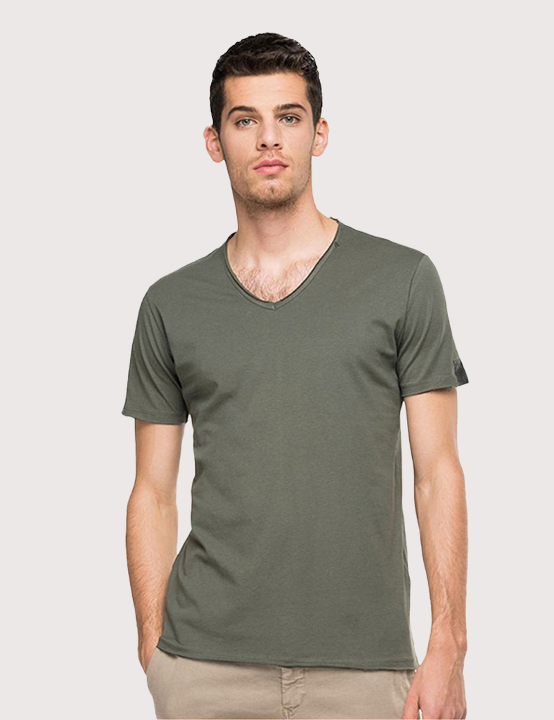REPLAY T-SHIRT COL V COTON GRIS