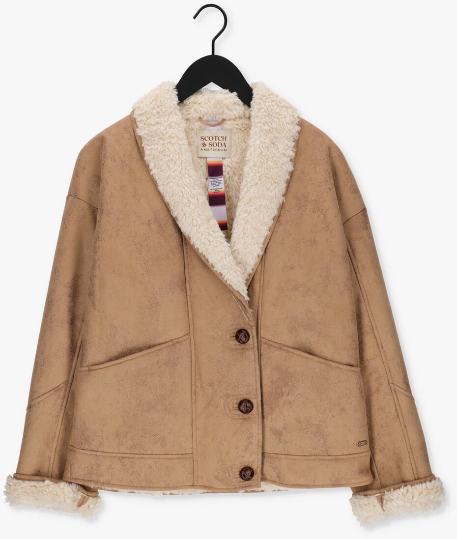 SCOTCH & SODA camel scotch & soda leren jas faux shearling jacket with shawl collar