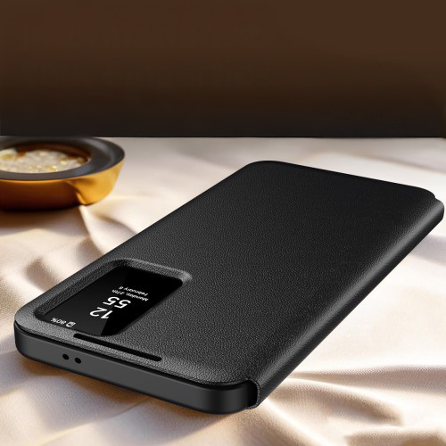 Samsung Galaxy S25 Ultra Leder Hülle Small Window View Flip Case Litchi Look- Schwarz