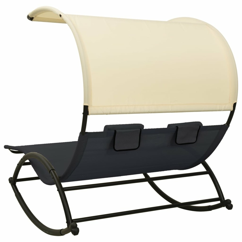 Transat chaise longue bain de soleil lit de jardin terrasse meuble d'extérieur double avec auvent textilène noir et crème 02_