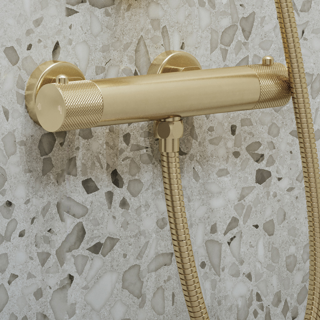 Saniclear Brass Curved doucheset geborsteld messing / mat goud met thermostatische kraan, handdouche en glijstang