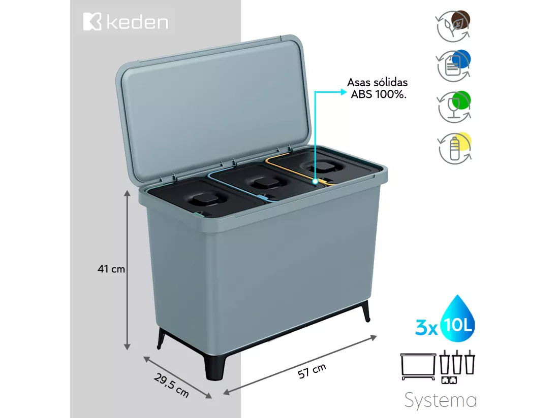 Système de classificateur de recyclage gris 3x10L Keden 57x29x41