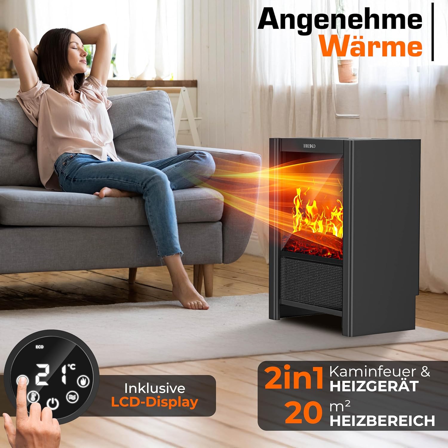 TRESKO® Elektrokamin mit Heizung & Fernbedienung 2000W, WiFi App | Kamin elektrisch LED-Flammeneffekt & LCD-Display | Kaminfeuer mit Thermostat, Timer | Elektro Kaminofen Standkamin Heizlüfter