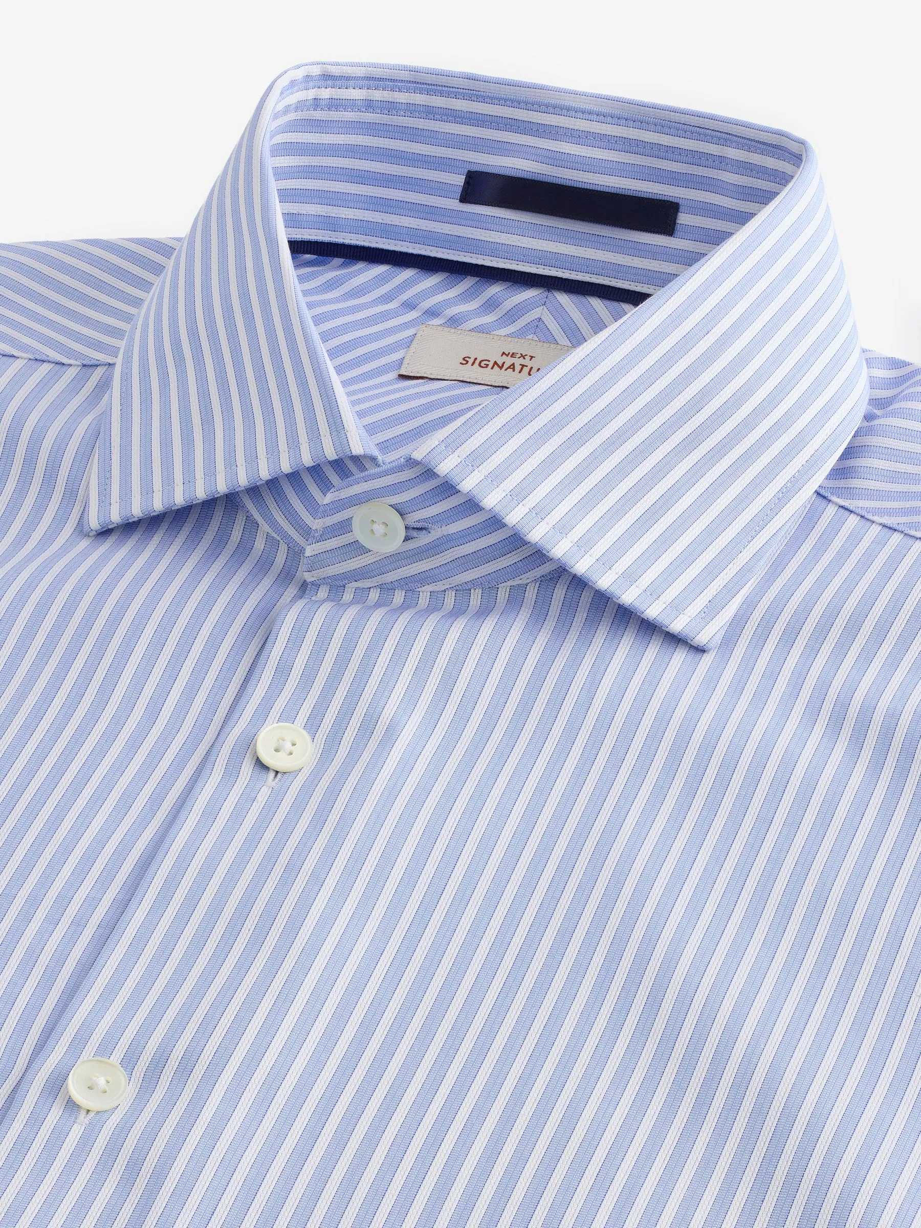 Blauw gestreept - Slim Fit Signature Single Cuff Texture Pima Cotton Shirt With Cutaway Collar