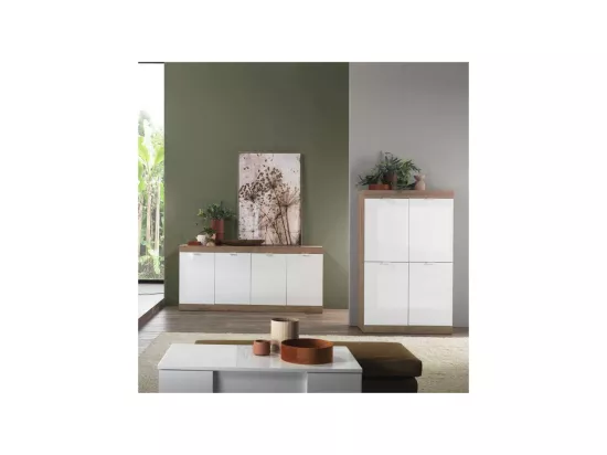 Vaisselier 4 portes Blanc laqué brillant/Chêne naturel - SPEZIA