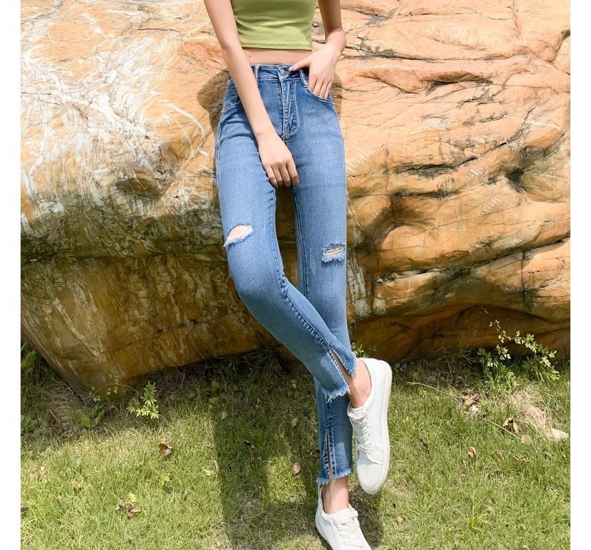 Crochaletin - Hoge taille skinny jeans met distressed effect