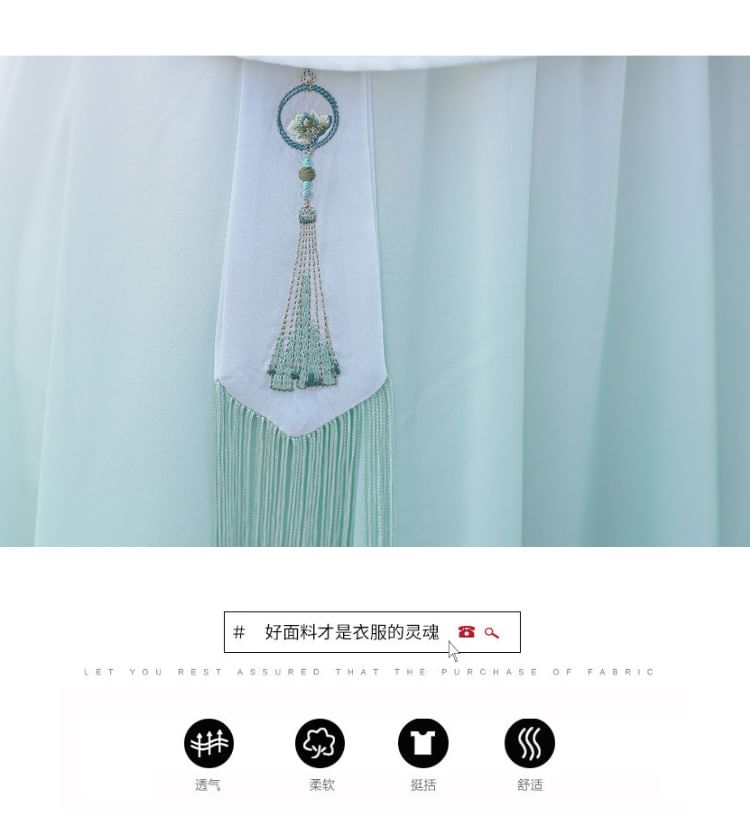Fioridi - Hanfu-top met elleboogmouwen, geborduurde kikker en knopen / Midi-A-lijn rok met hoge taille en kwastjes