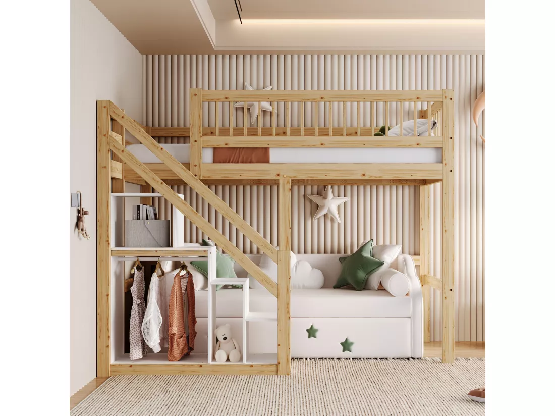 Lit mezzanine 90 x 200 cm avec placard de rangement - Bois massif + MDF - Naturel et blanc (sans matelas)
