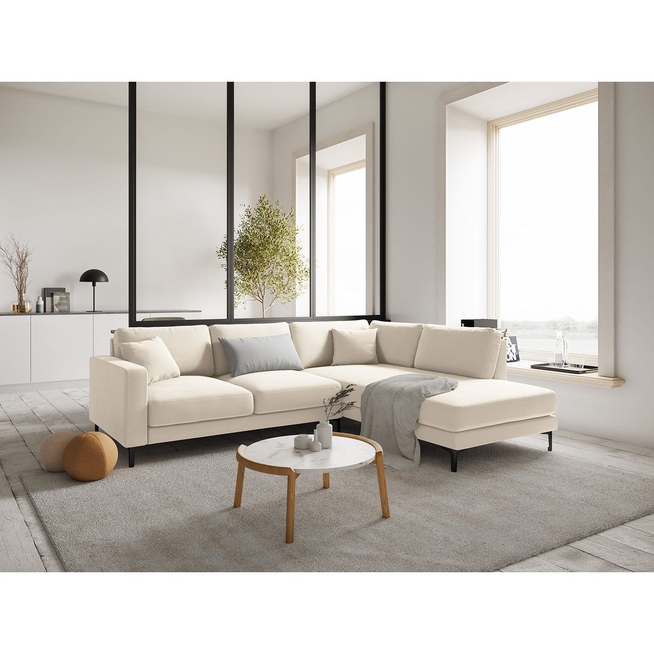 Mazzini Sofas Canapé d'angle Droit Velours Venus 5 Places beige clair - 254x185x90 cm