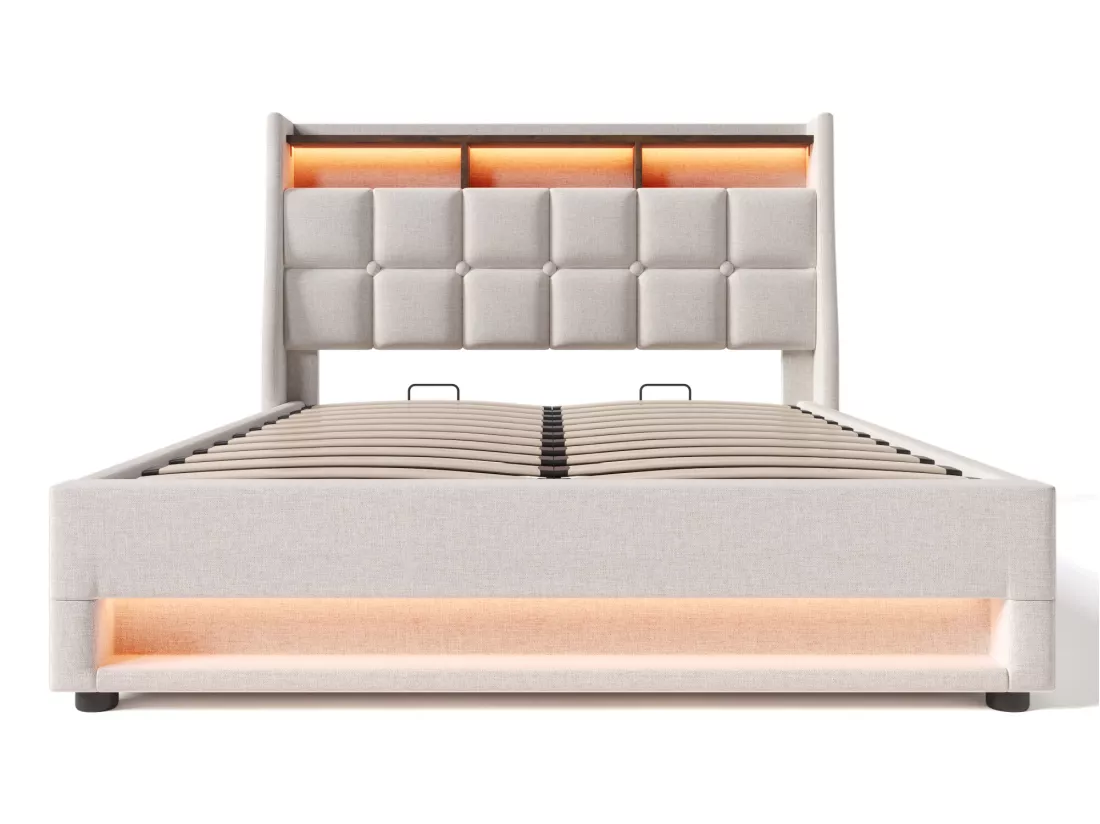 Lit coffre en lin 180x200cm avec LED et ports USB - sommier à lattes - beige