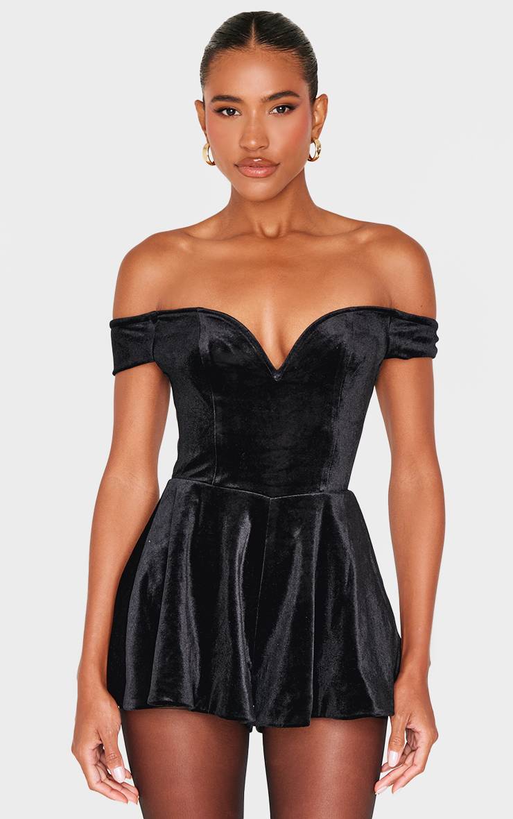 Noir Combi-short Fluide En Velours À Encolure Bardot Cœur