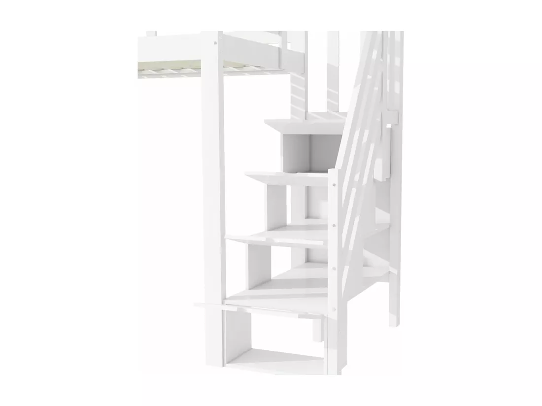 Lit en mezzanine, 90x200 cm, sans matelas, mains courantes, échelle escamotable, tiroirs, armoire, plusieurs étagères, espace combinable libre, blanc