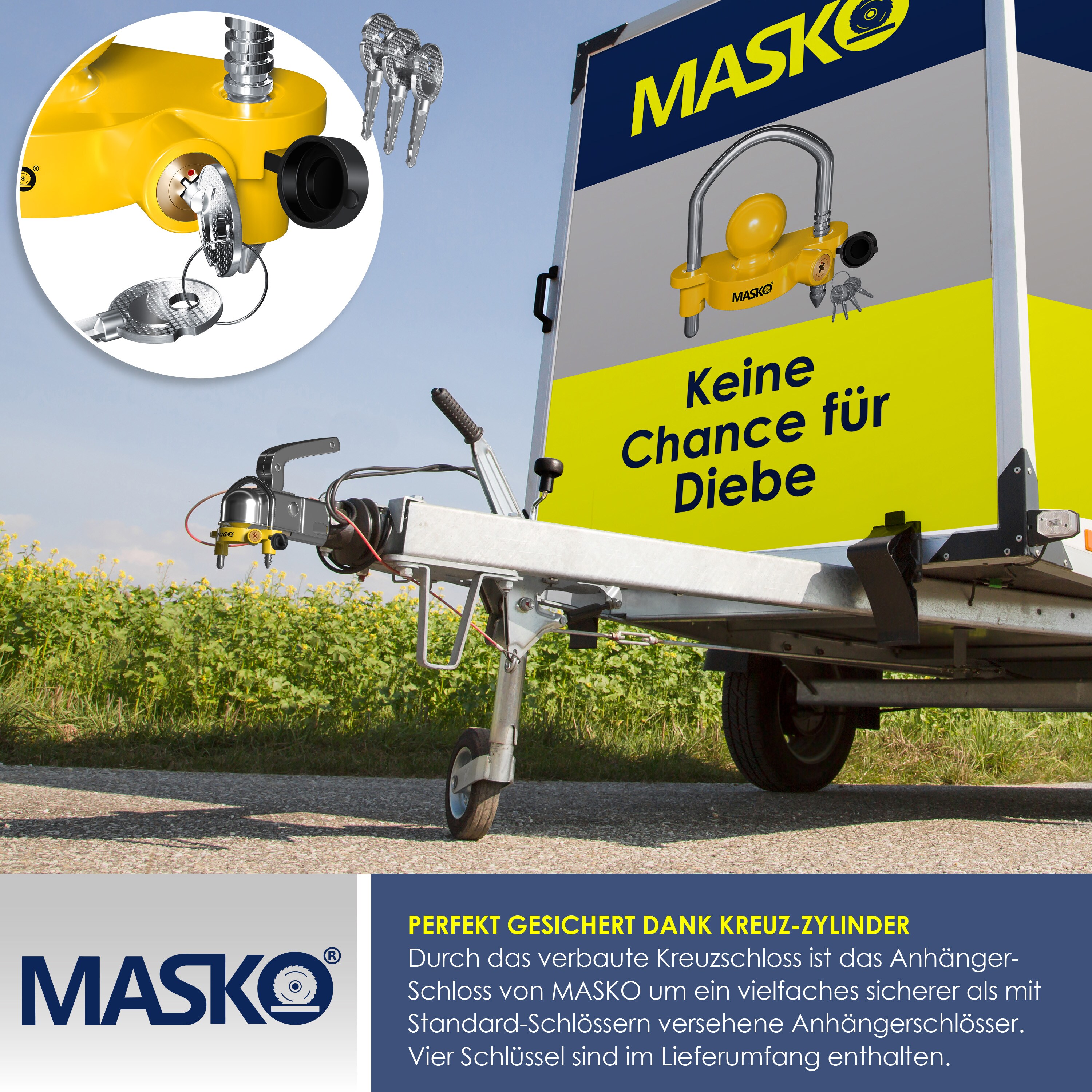 MASKO® Anhängerschloss für gängige Anhängerkupplung einfache Montage Diebstahlschutz Diebstahl Anhänger Sicherung 4 Schlüssel extra sicher Kreuzschloss, Inkl. Deckelschutz
