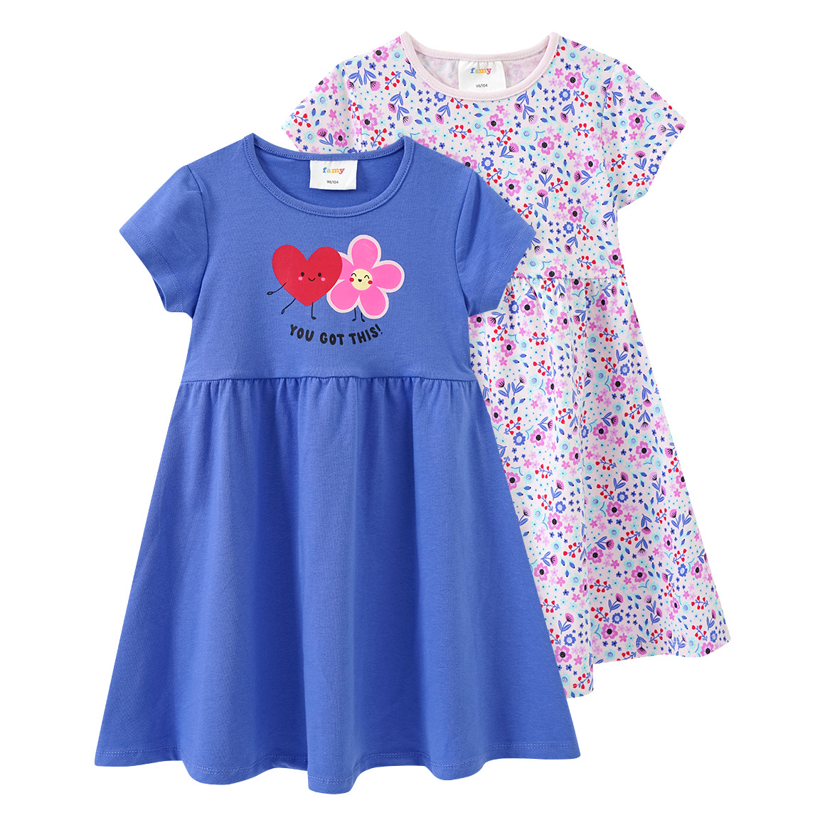 Famy 2 Mädchen Kleider mit bunten Motiven blau / zartrosa