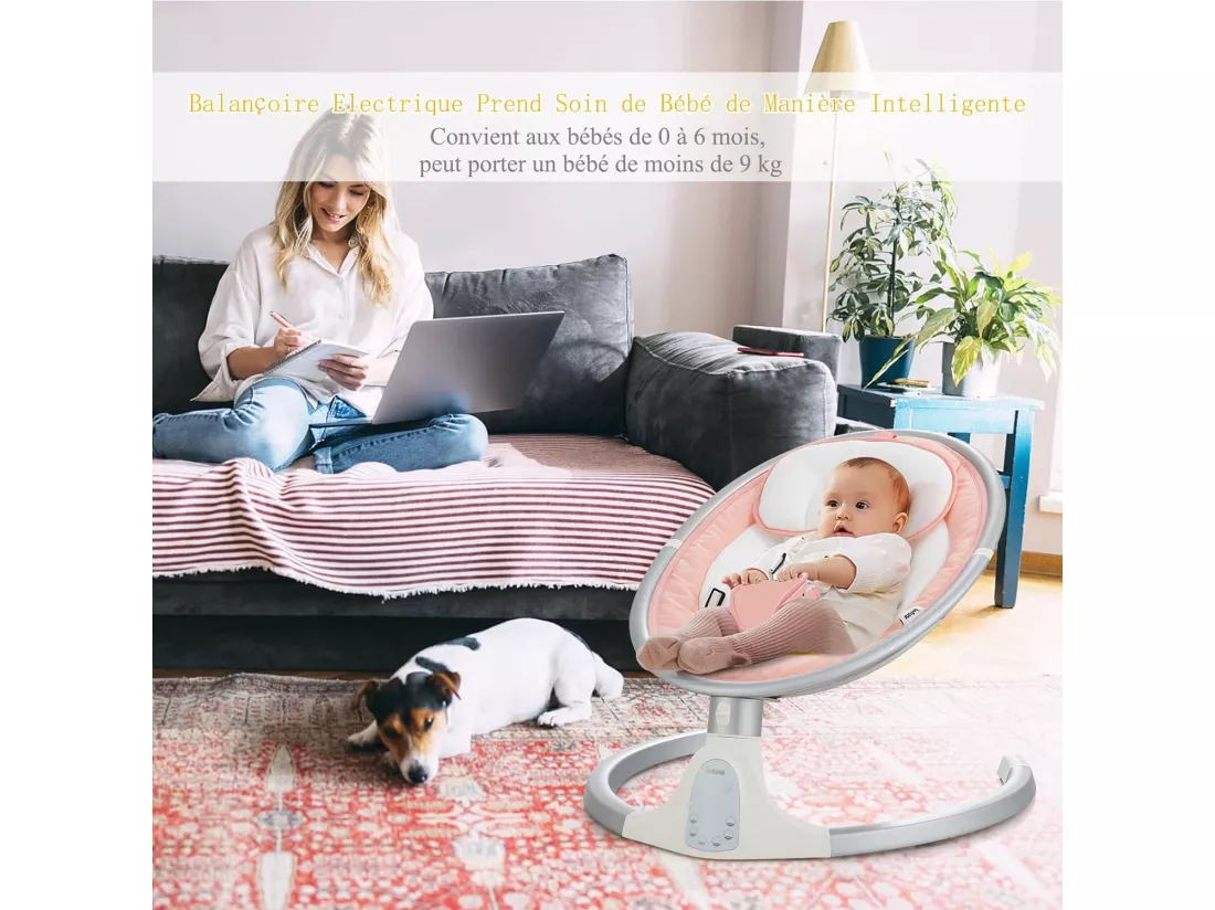Transat Bébé Électrique avec 5 Amplitudes/Balancelle Bébé 0-6 Mois Télécommandé avec Musique, 2 Jouets, Harnais à 5 Points, Minuterie 15-60 Min, Charge 9KG-Rose