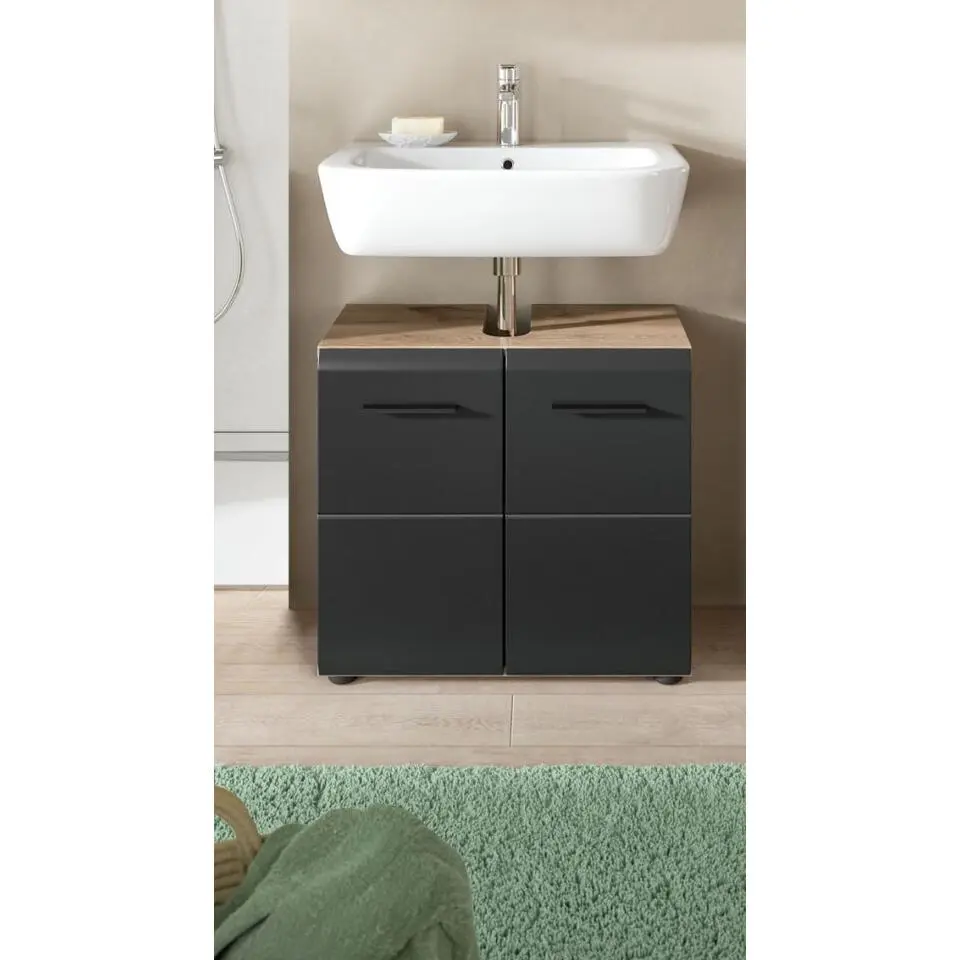 Hioshop Ice wastafel 2 deuren zwart mat- eiken decor