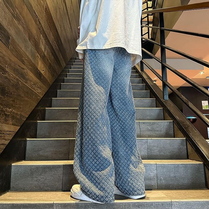 emeisa - Mid Rise Jacquard Washed Wide Leg Jeans