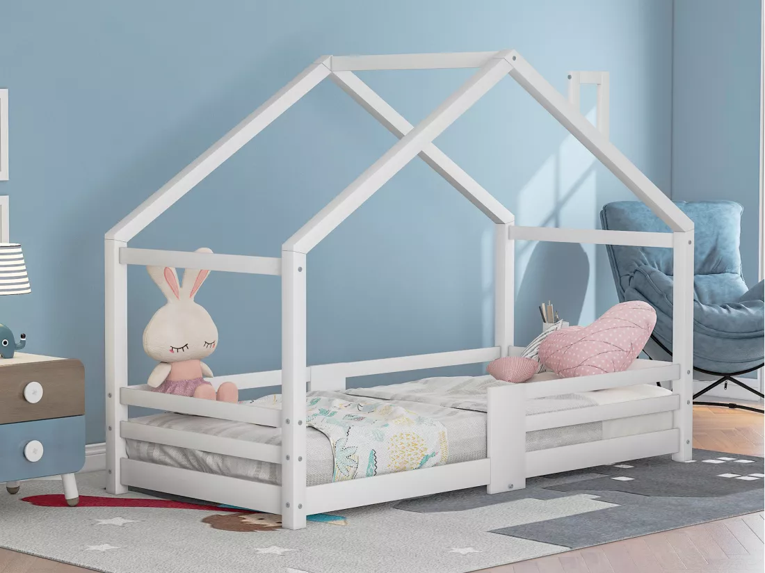 Lit cabane enfant - 90 x 200 cm - pin - barrière et sommier à lattes - blanc