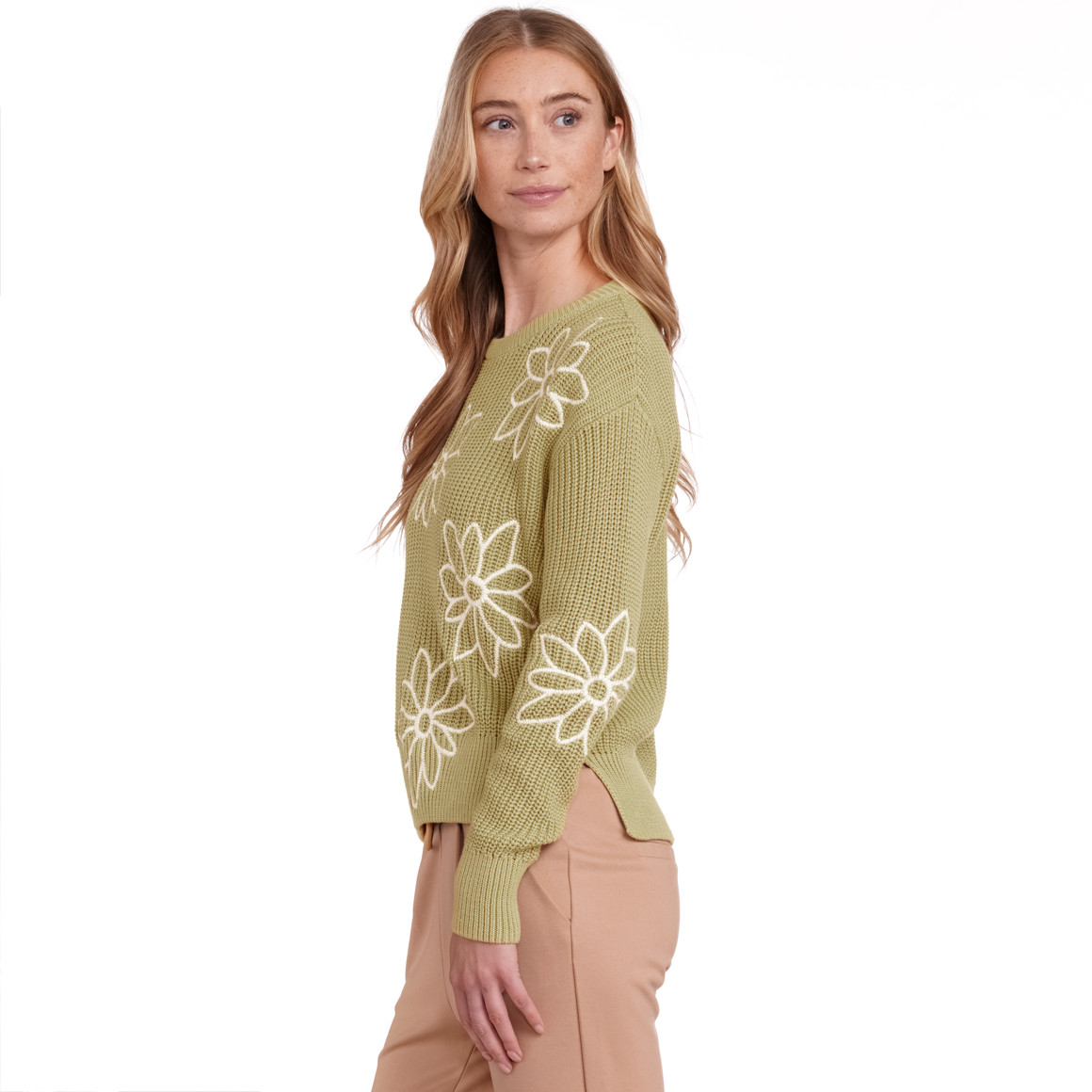 Jonas Nielsen Damen Strickpullover mit Blumen-Stickerei oliv
