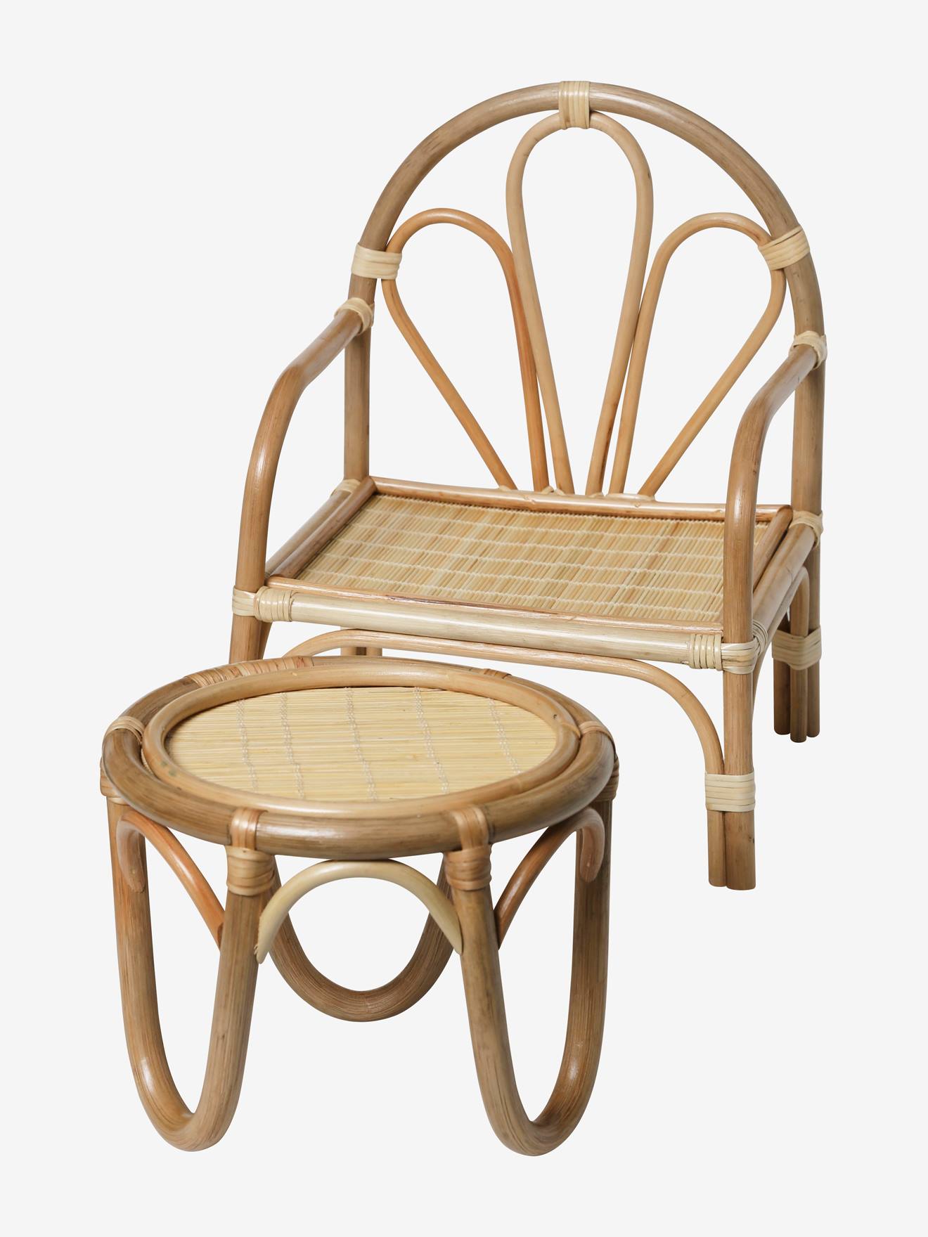Cadeira e mesa de boneca em rattan bege
