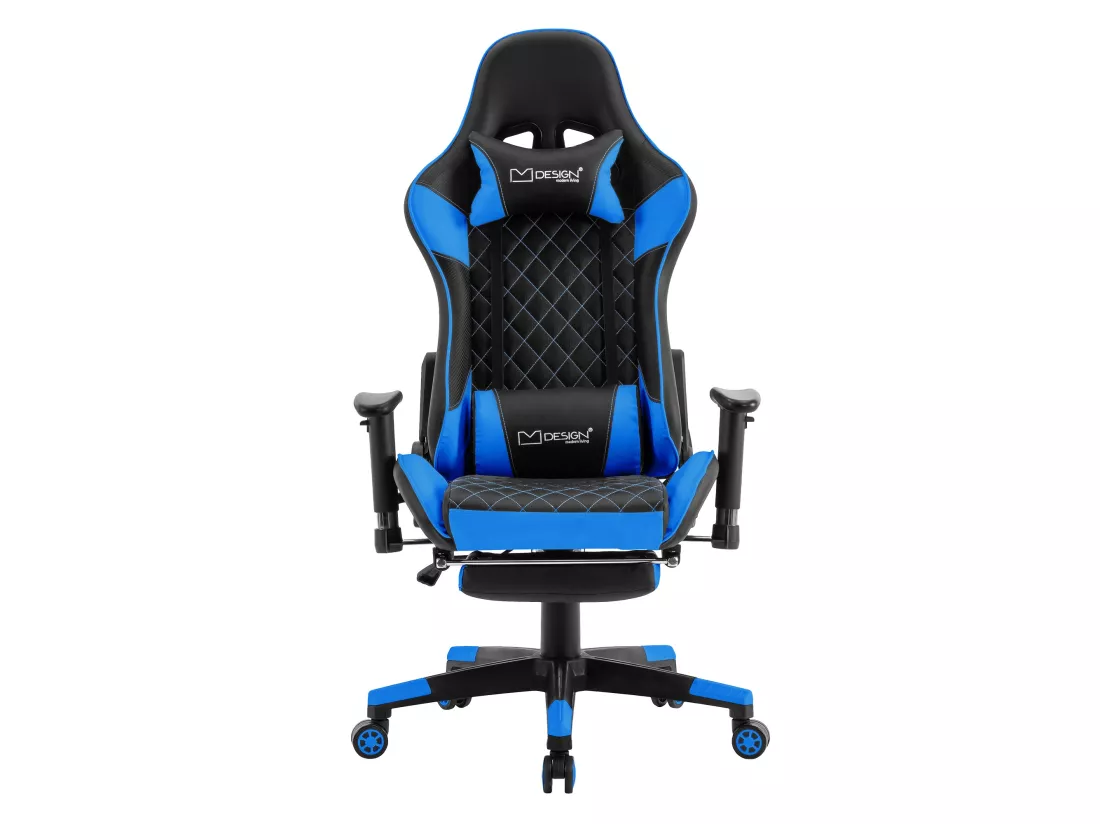 Chaise de jeu avec repose-pieds extensible 2D Accoudoirs Noir/Bleu en similicuir ML-Design