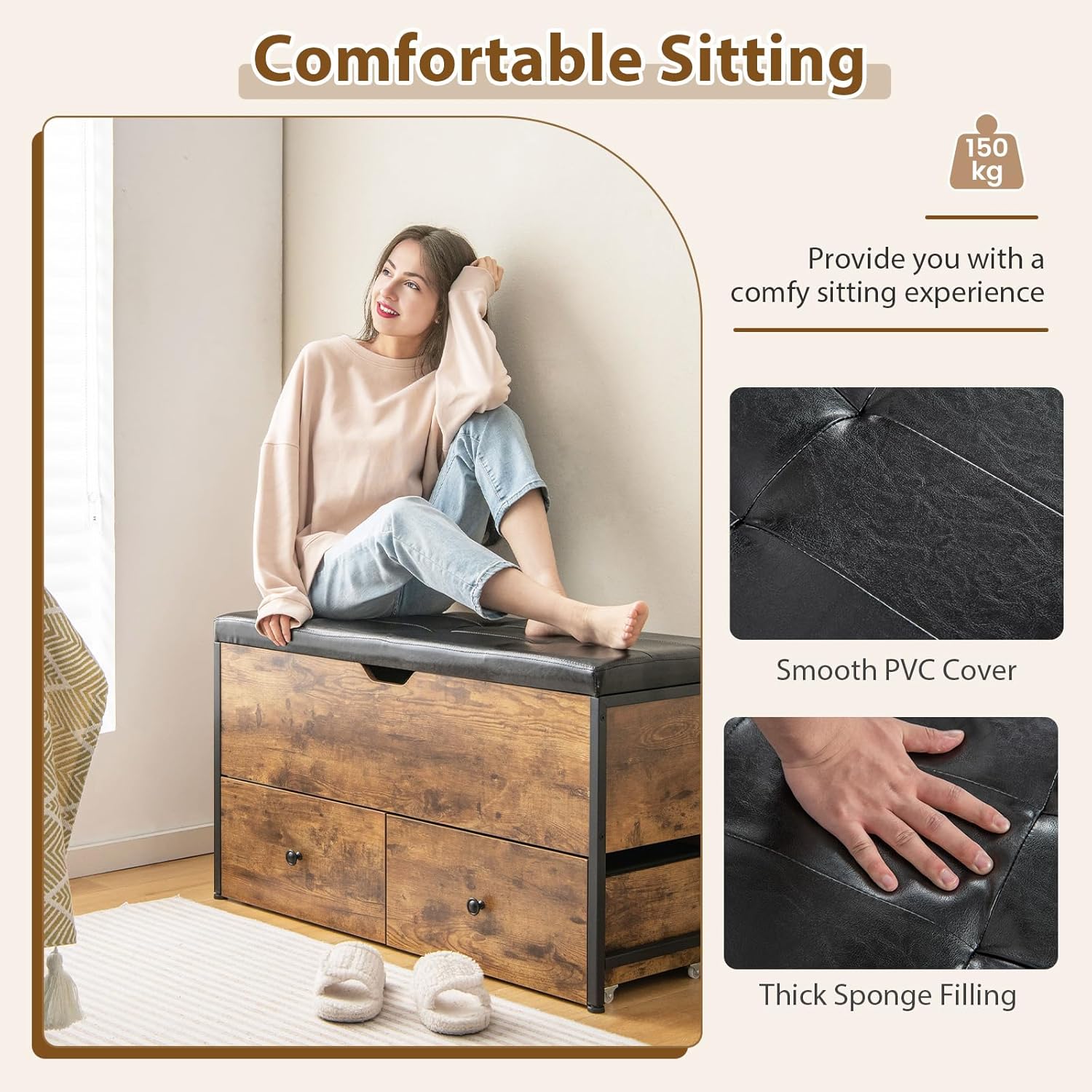 HOMASIS Sitzbank mit Stauraum, Schuhbank mit gepolstert Sitzfläche, Sitztruhe mit 2 Schubladen, aufklappbar Schuschrank mit verstellbaren Fußstützen, Betttruhe Vintage, 150kg belastbar, 101x41x58cm