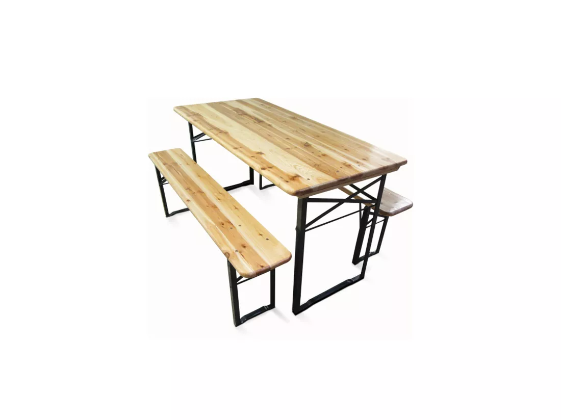 Ensemble table et bancs refermables pour brasserie, marron, La table mesure 150 x 76 x 70 cm, Le banc mesure 150 x 44 x 25 cm