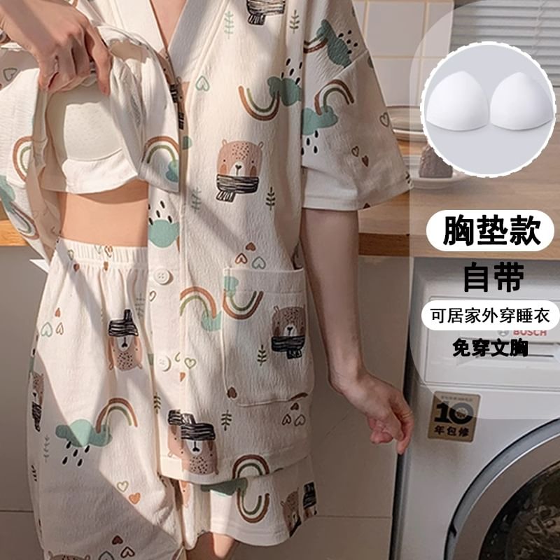 Dazzli - Pyjamaset: Gewatteerd shirt met korte mouwen, V-hals en patroonprint + Shorts met elastische taille