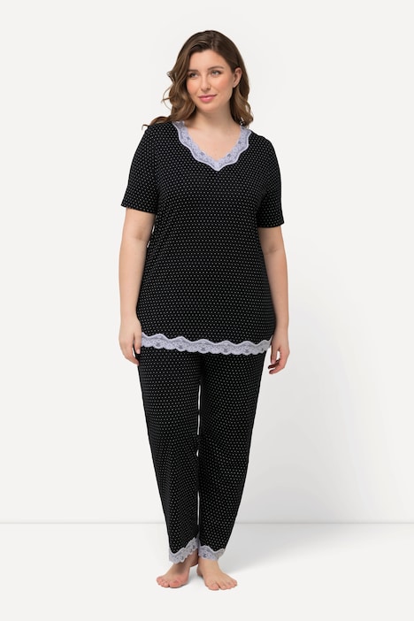 Pyjama, Punkte, Spitze, V-Ausschnitt, Halbarm