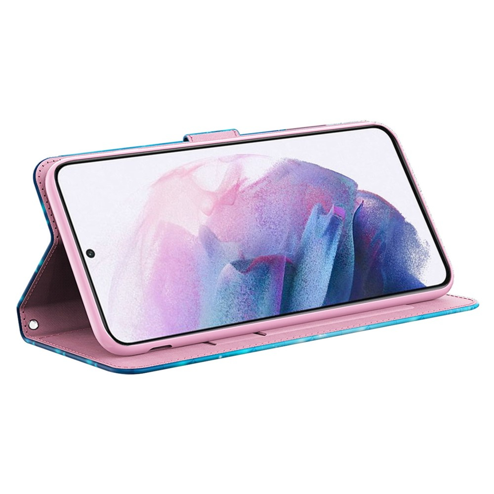 Samsung Galaxy S23 Ultra 5G Leder Tasche mit Kartenfach   Handschlaufe - Blaue Schmetterlinge