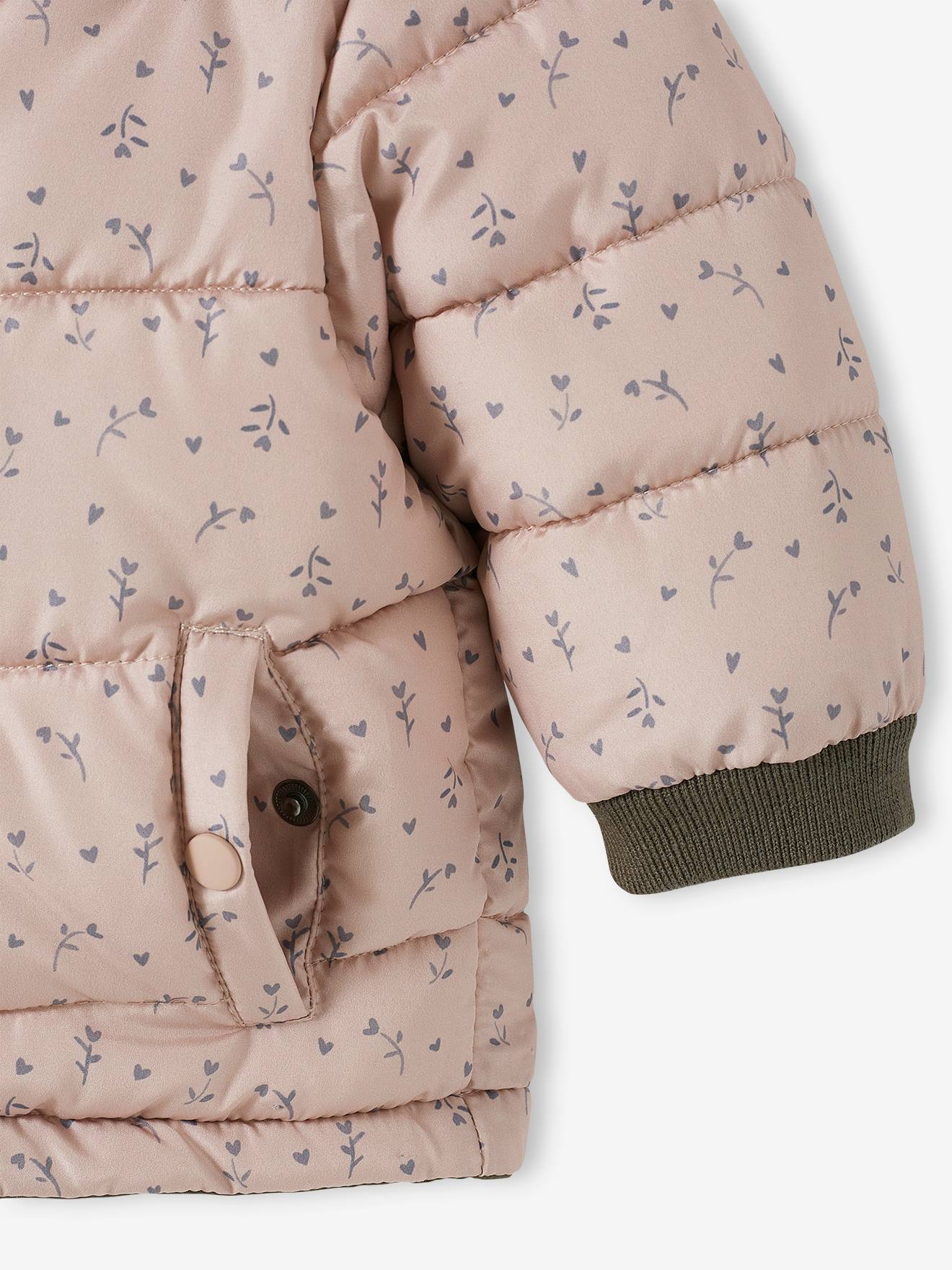 Parka reversível para bebê, com enchimento de poliéster reciclado, verde médio liso com estampas.