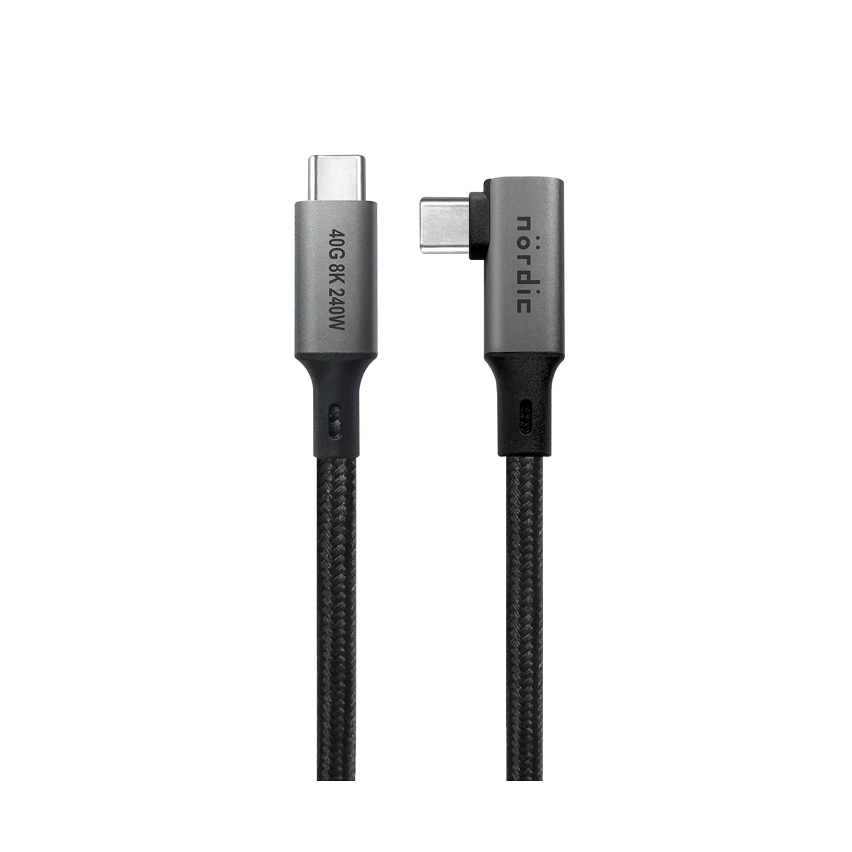 NÖRDIC Vinklet 1m USB4 USB-C til C nylonflettet kabel PD3.1 240W 40G 8K60Hz 4K144Hz grå