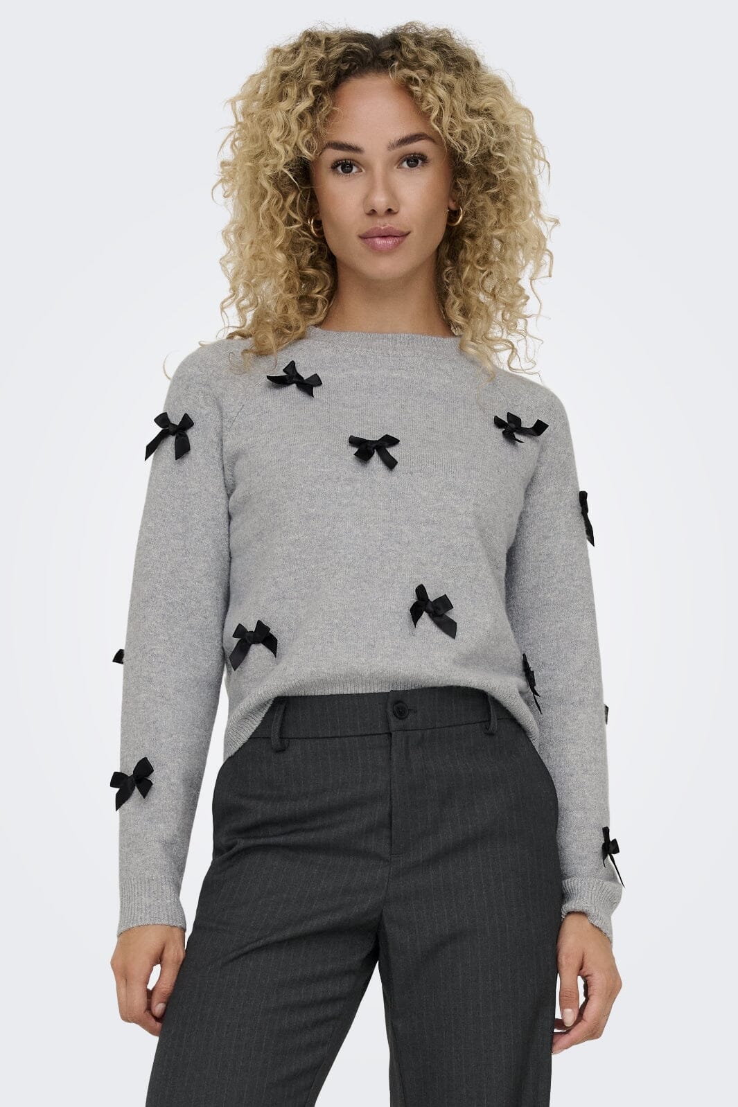 Only Onlnoelle Life Ls Bow Pullover Knt 4726981 light grey melange w black bows